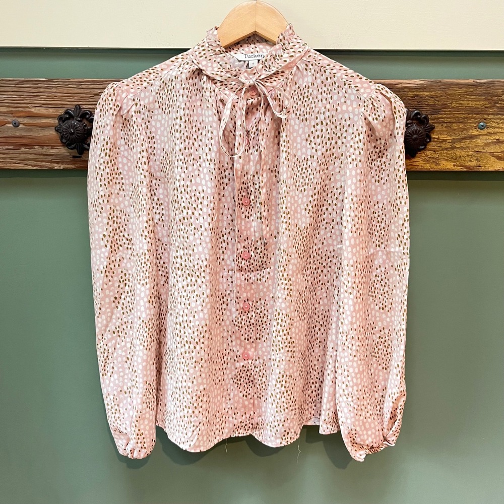Tucker Pink Silk Abstract Dot Ruffle Tie Neck Button Front Blouse Small